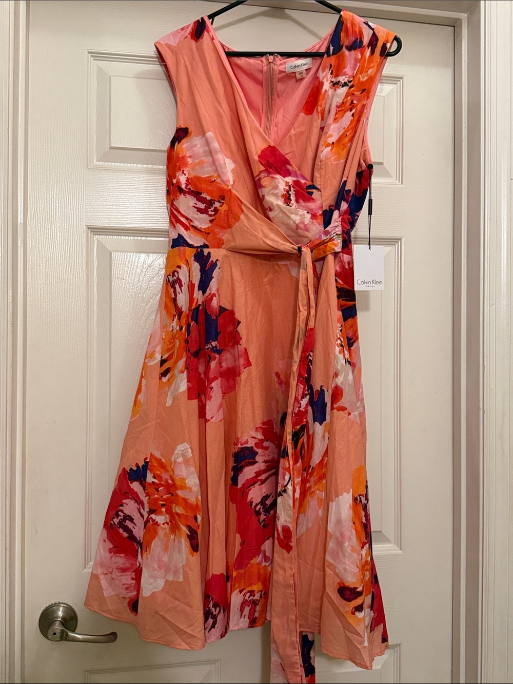 Calvin Klein Coral-Peach Floral Wrap Midi Dress